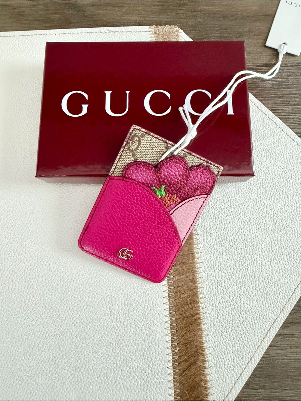 Gucci Hot Pink magnet & Light Pink Floral Leather Card Holder with GG Canvas
